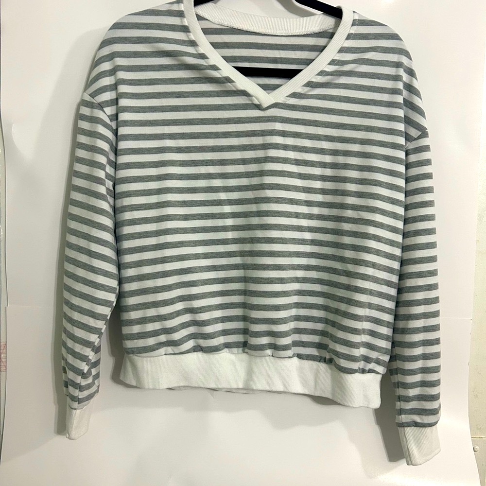 Gray and White Striped V-Neck Sweater and Matching Shorts
